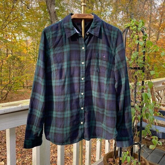 Tommy Hilfiger Black Green Check Plaid Button Front Blouse - Picture 2 of 5